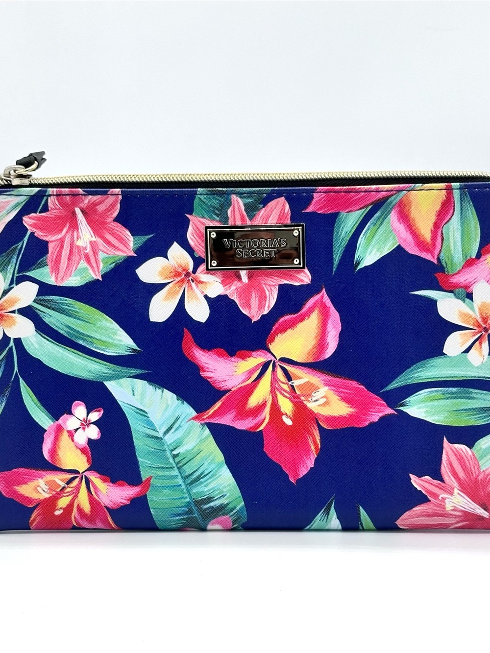 Victoria's Secret Tropical Floral Cosmetic Makeup Bag Clutch Pouch Navy Pink NWT